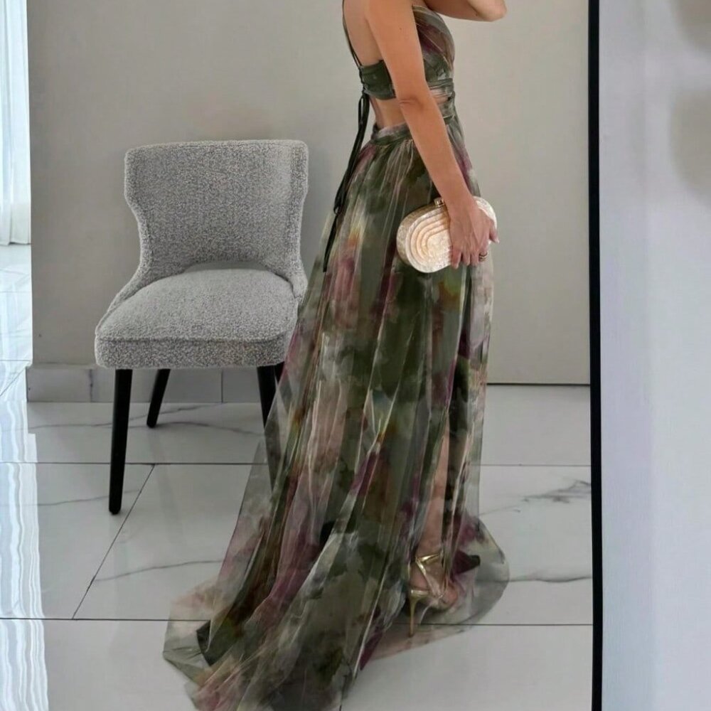 Army Green Elegant Women's Mesh-Print Suspender High Party Dress - Picture 2 of 3